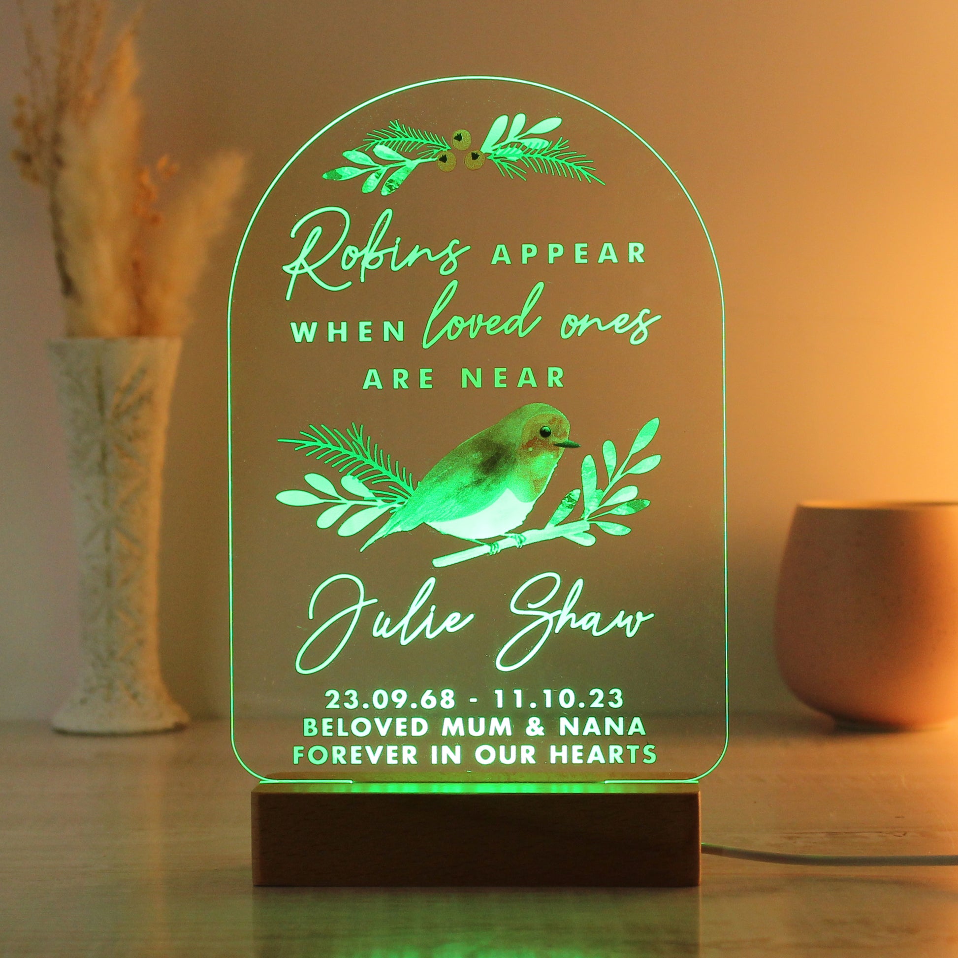 Personalised Robins Appear Wooden Based LED Light - MK&JD Gifts