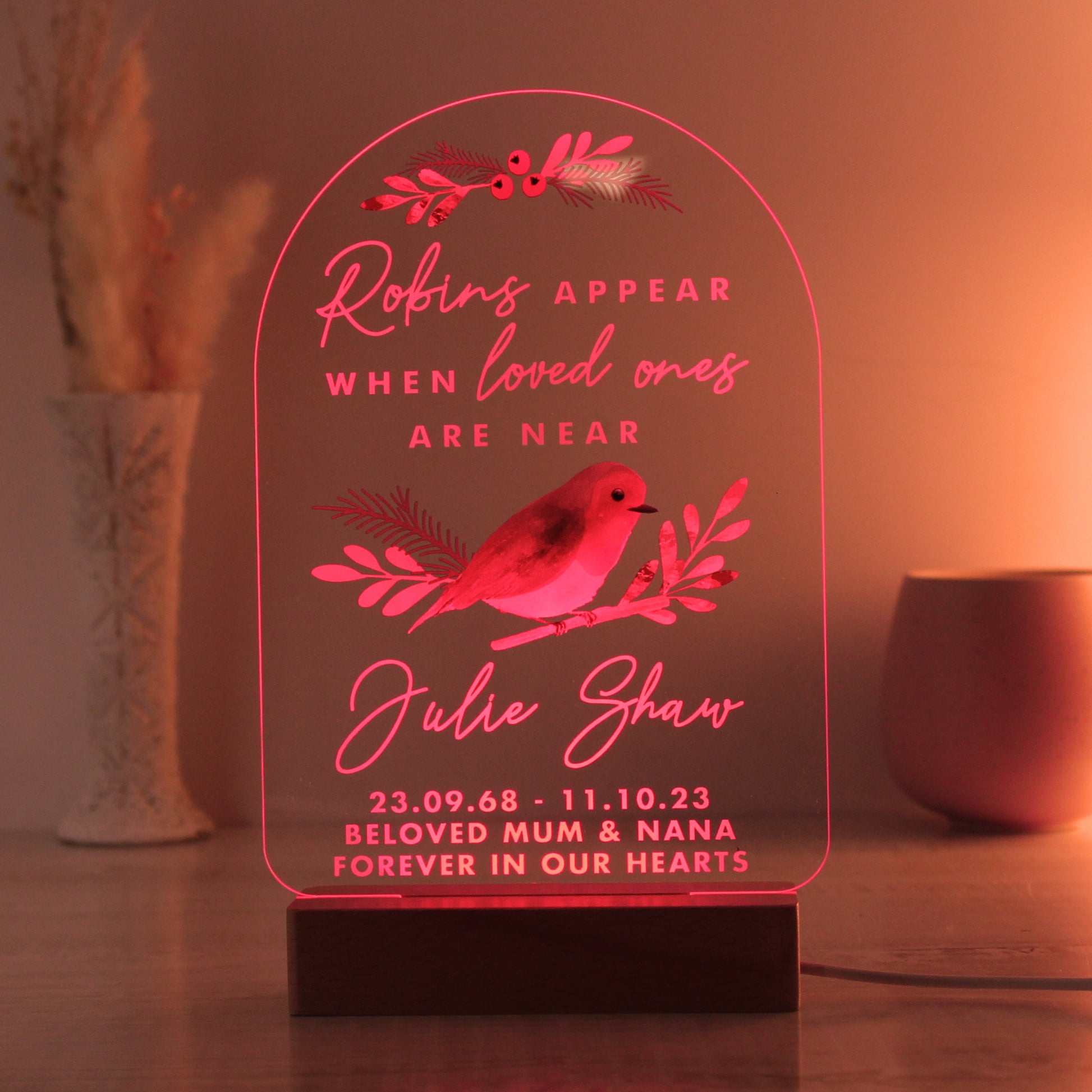 Personalised Robins Appear Wooden Based LED Light - MK&JD Gifts
