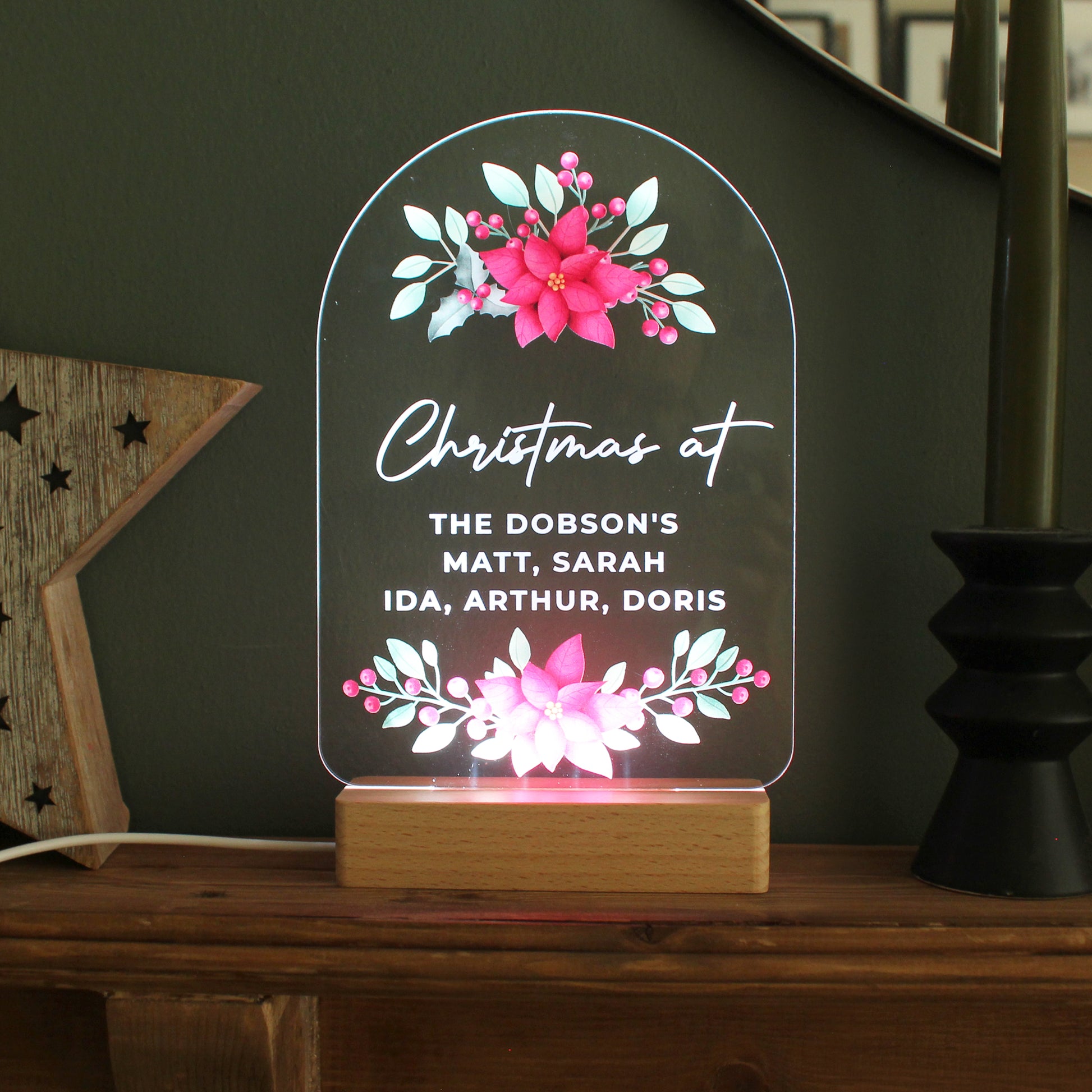 Personalised Christmas Poinsettia Wooden Based LED Light - MK&JD Gifts