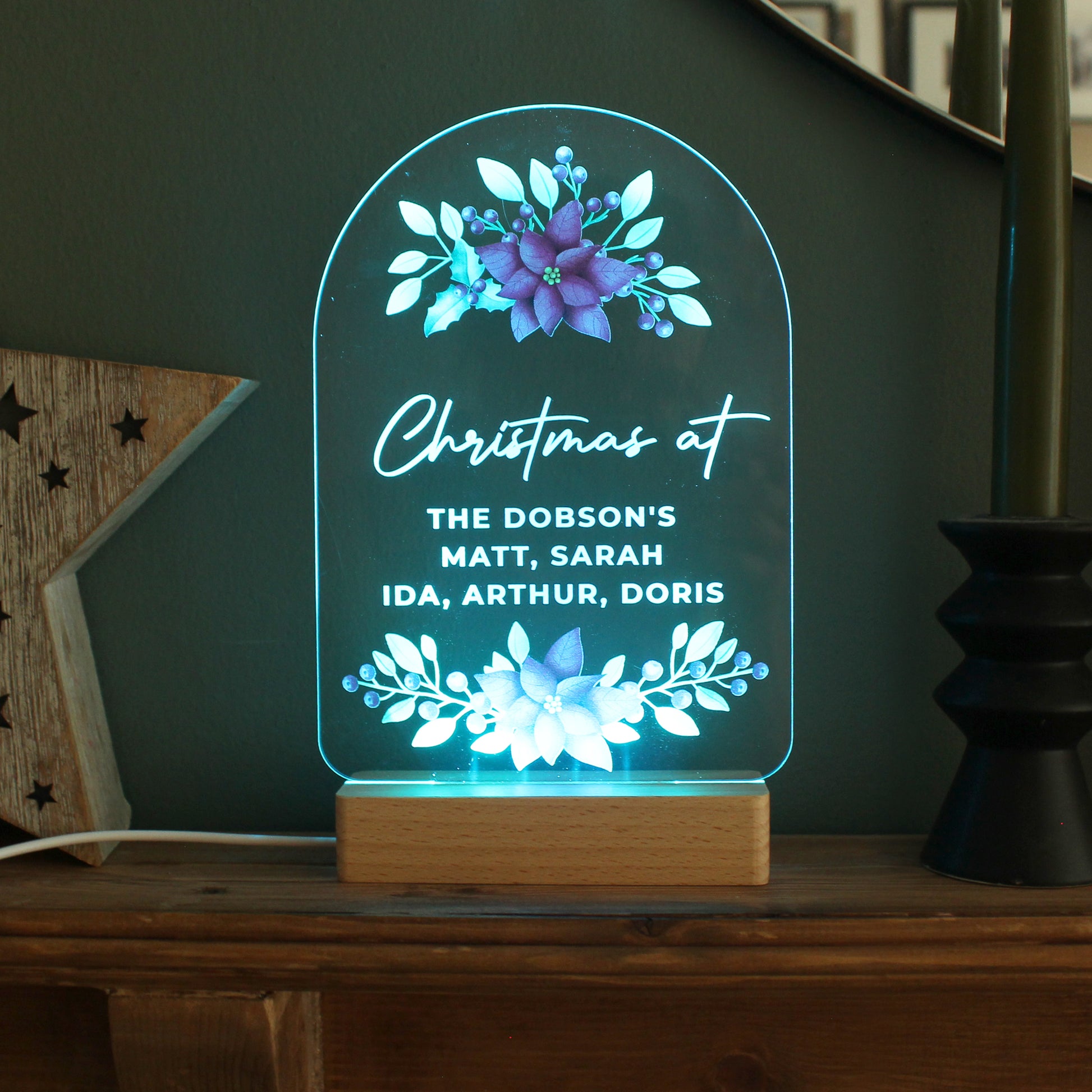 Personalised Christmas Poinsettia Wooden Based LED Light - MK&JD Gifts