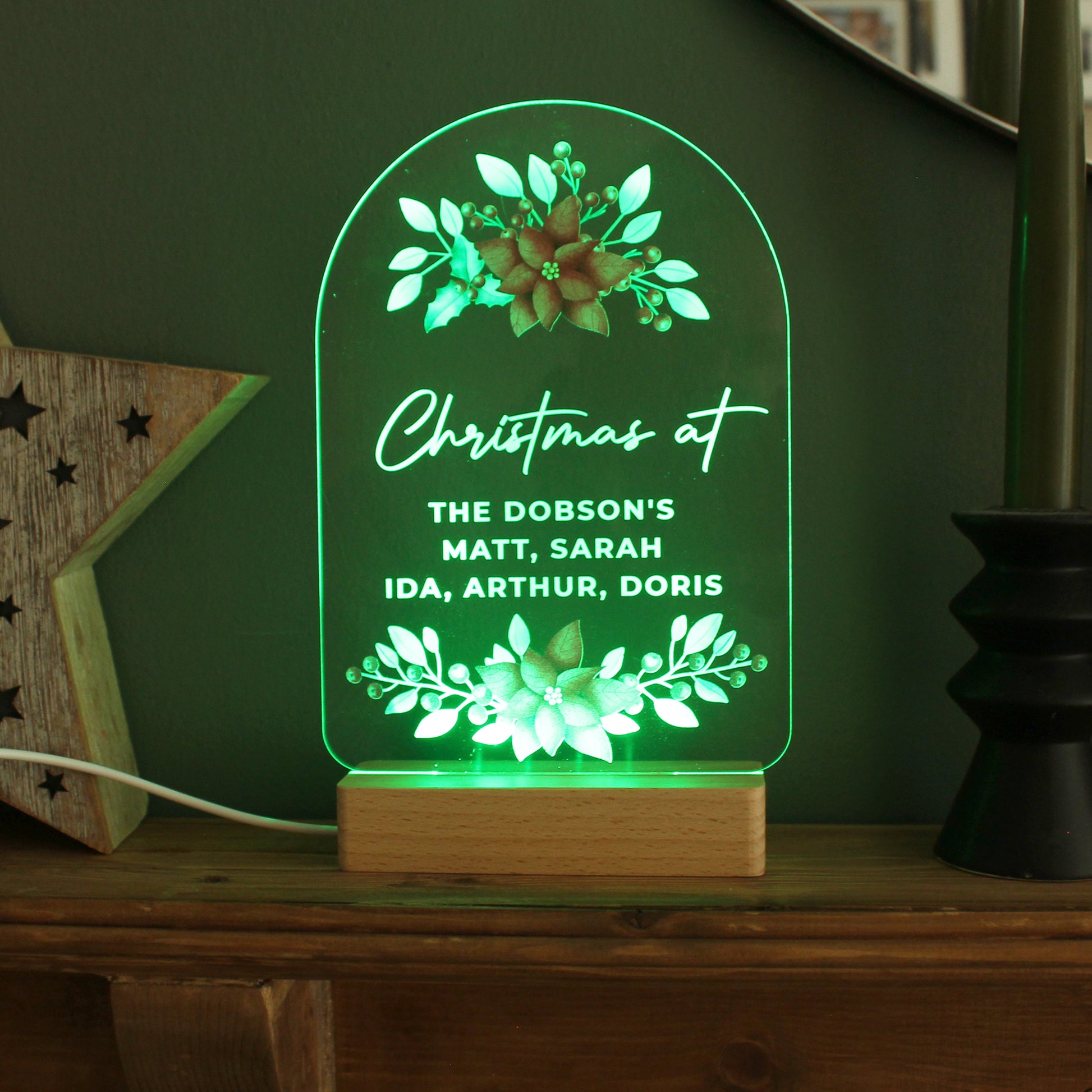 Personalised Christmas Poinsettia Wooden Based LED Light - MK&JD Gifts
