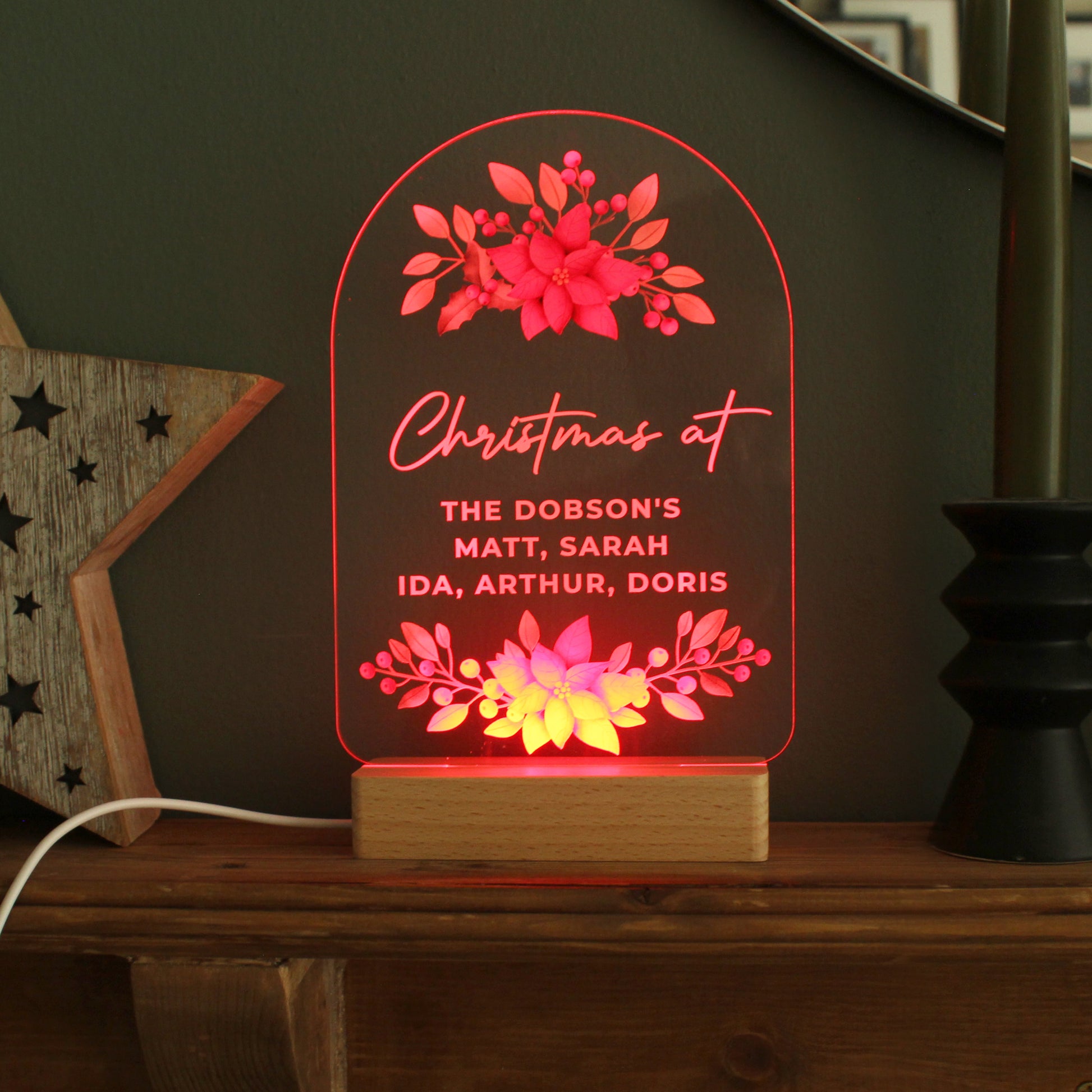 Personalised Christmas Poinsettia Wooden Based LED Light - MK&JD Gifts