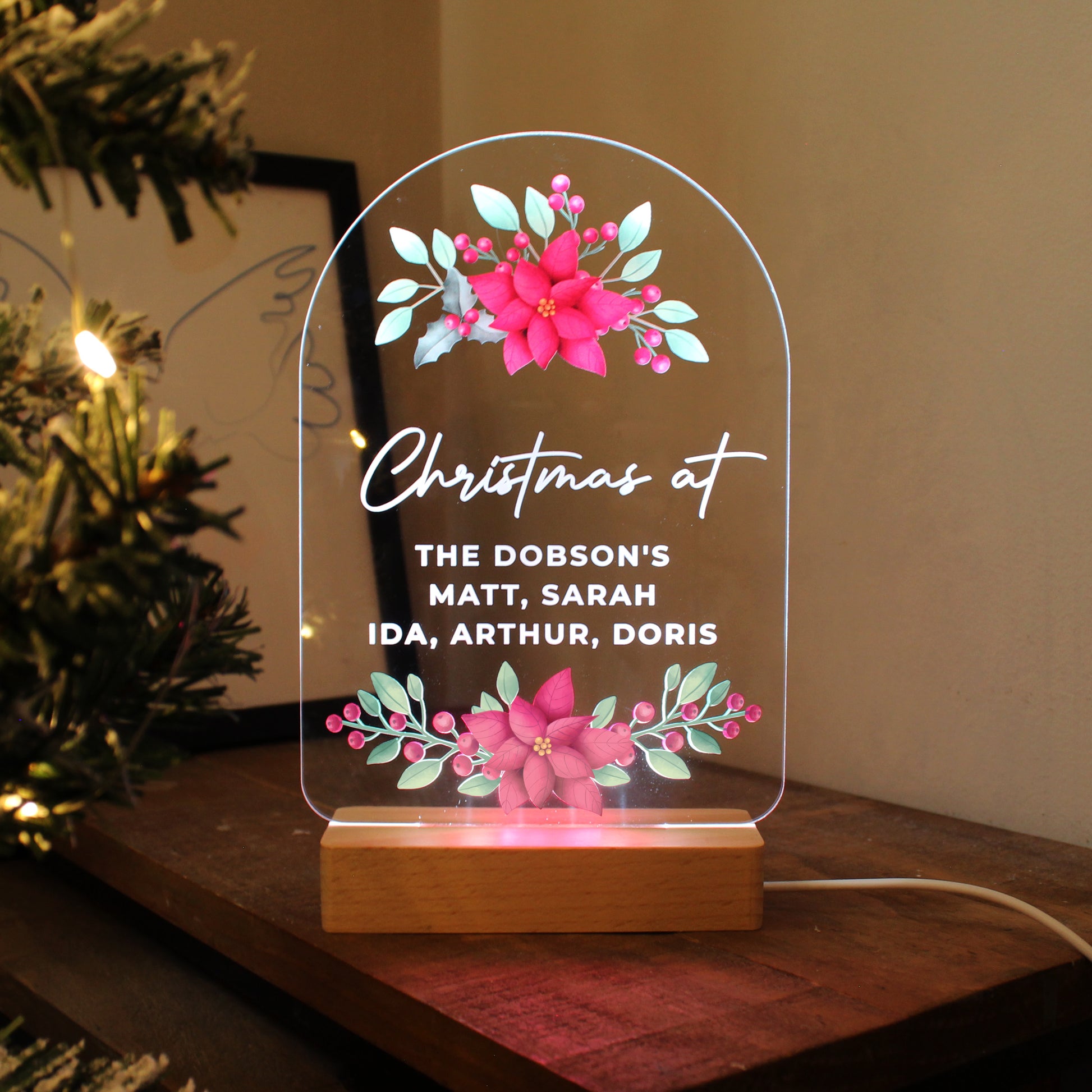 Personalised Christmas Poinsettia Wooden Based LED Light - MK&JD Gifts