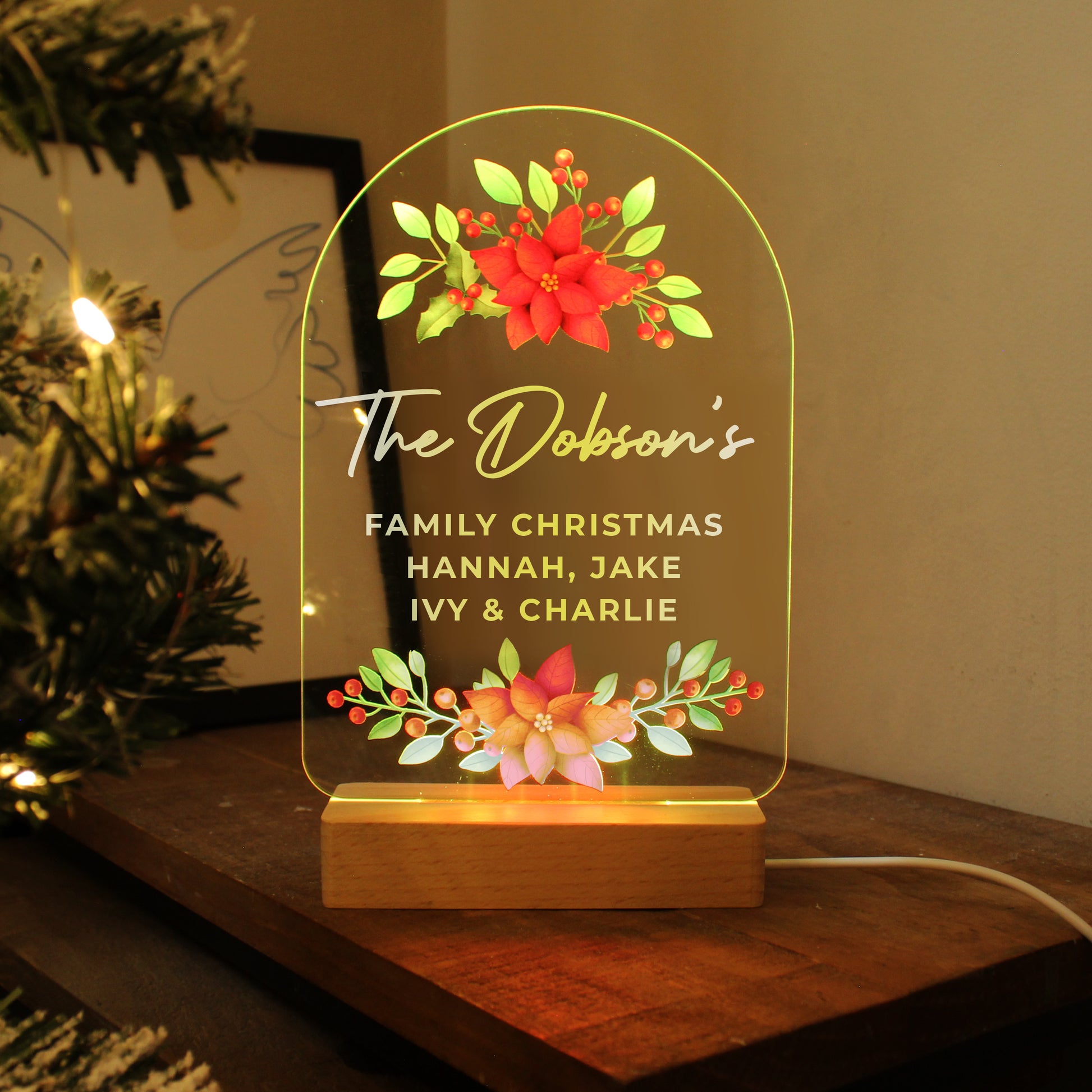 Personalised Christmas Poinsettia Wooden Based LED Light - MK&JD Gifts