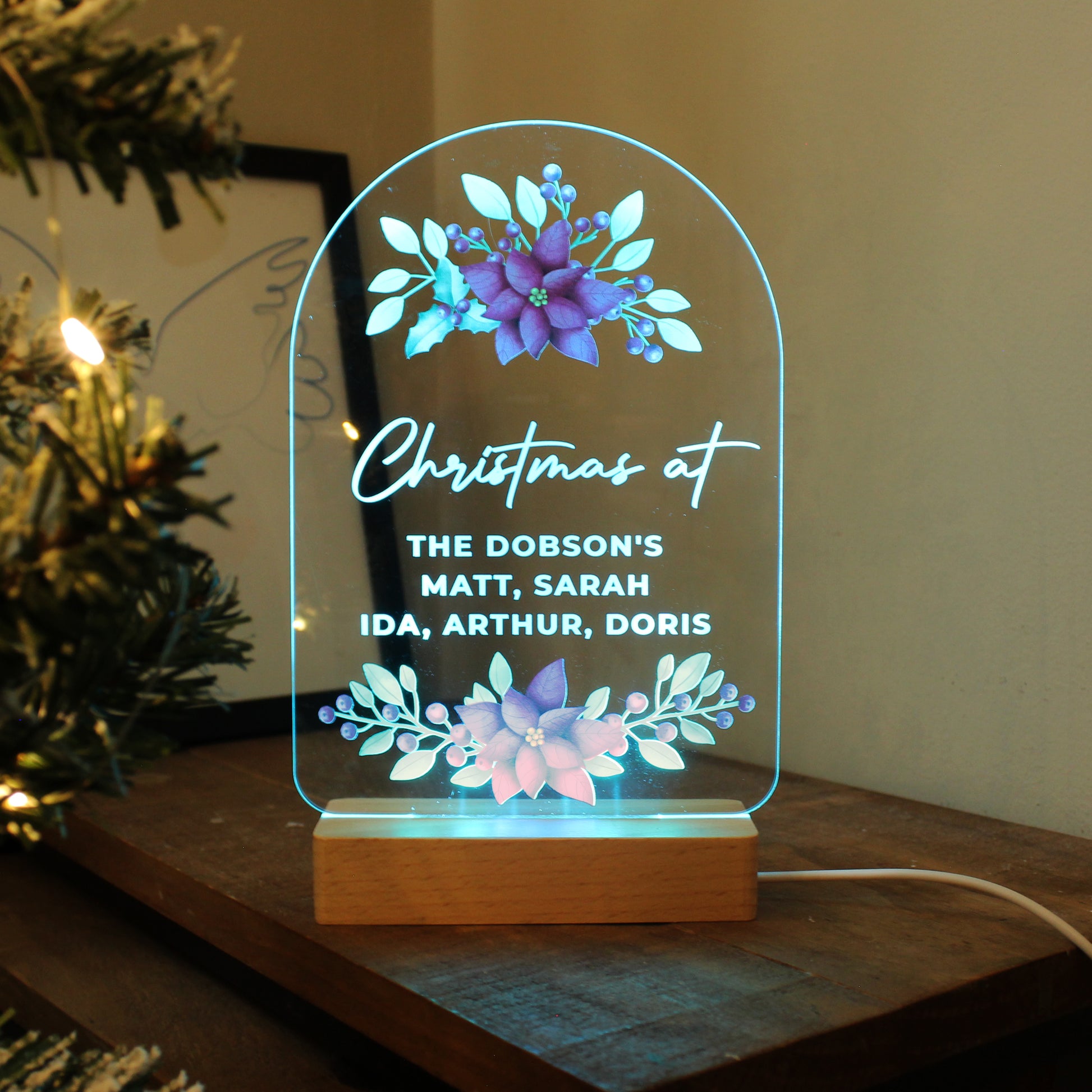Personalised Christmas Poinsettia Wooden Based LED Light - MK&JD Gifts