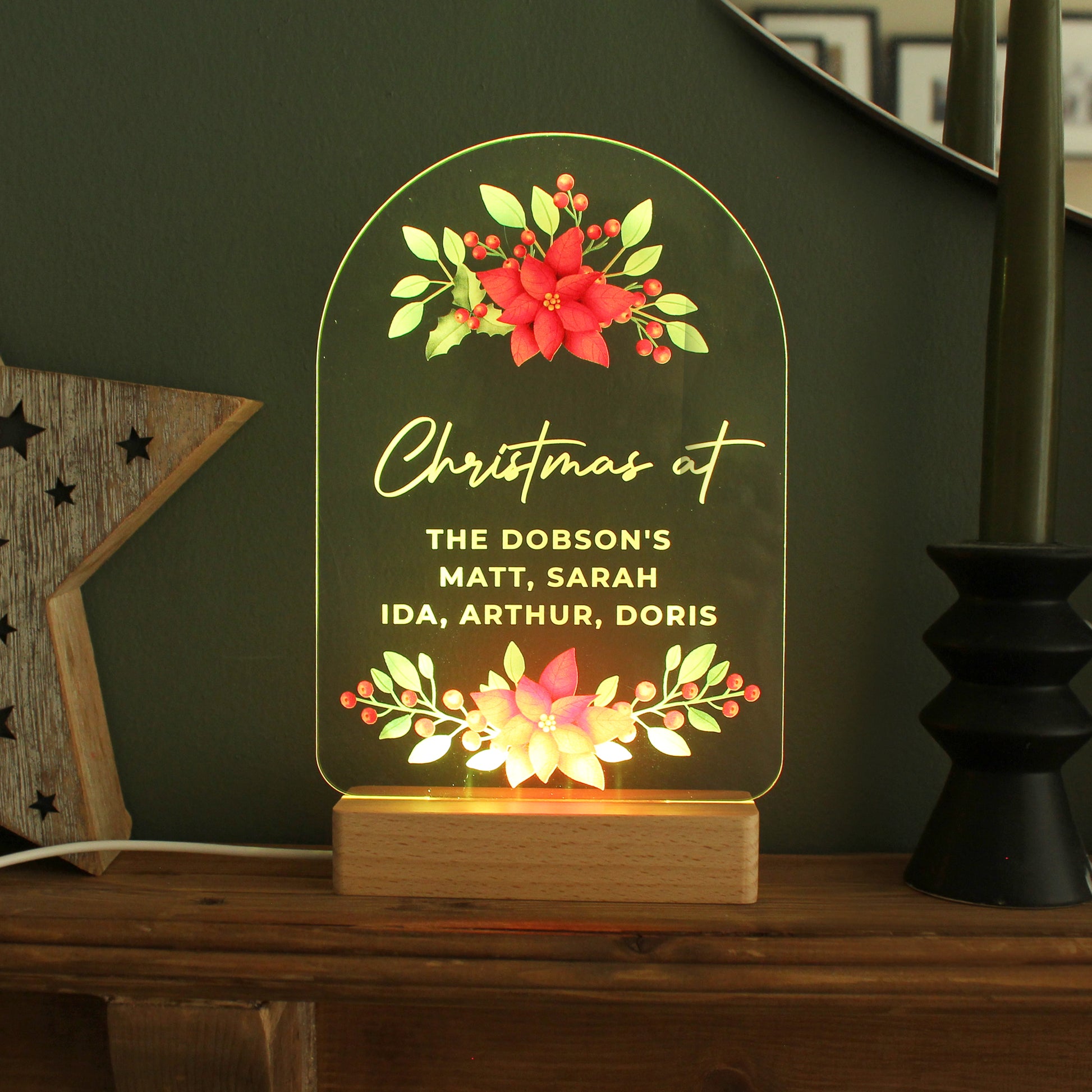 Personalised Christmas Poinsettia Wooden Based LED Light - MK&JD Gifts