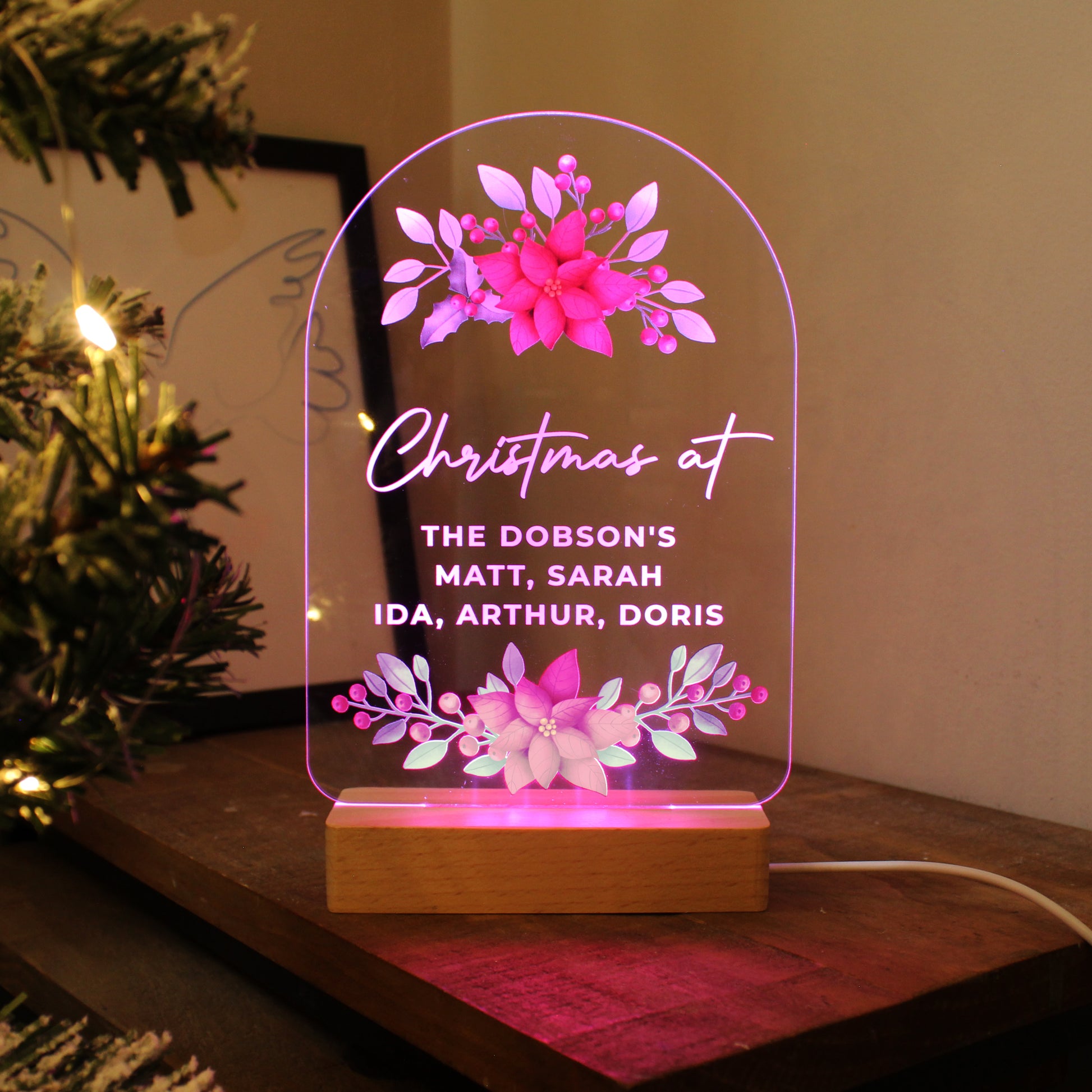 Personalised Christmas Poinsettia Wooden Based LED Light - MK&JD Gifts