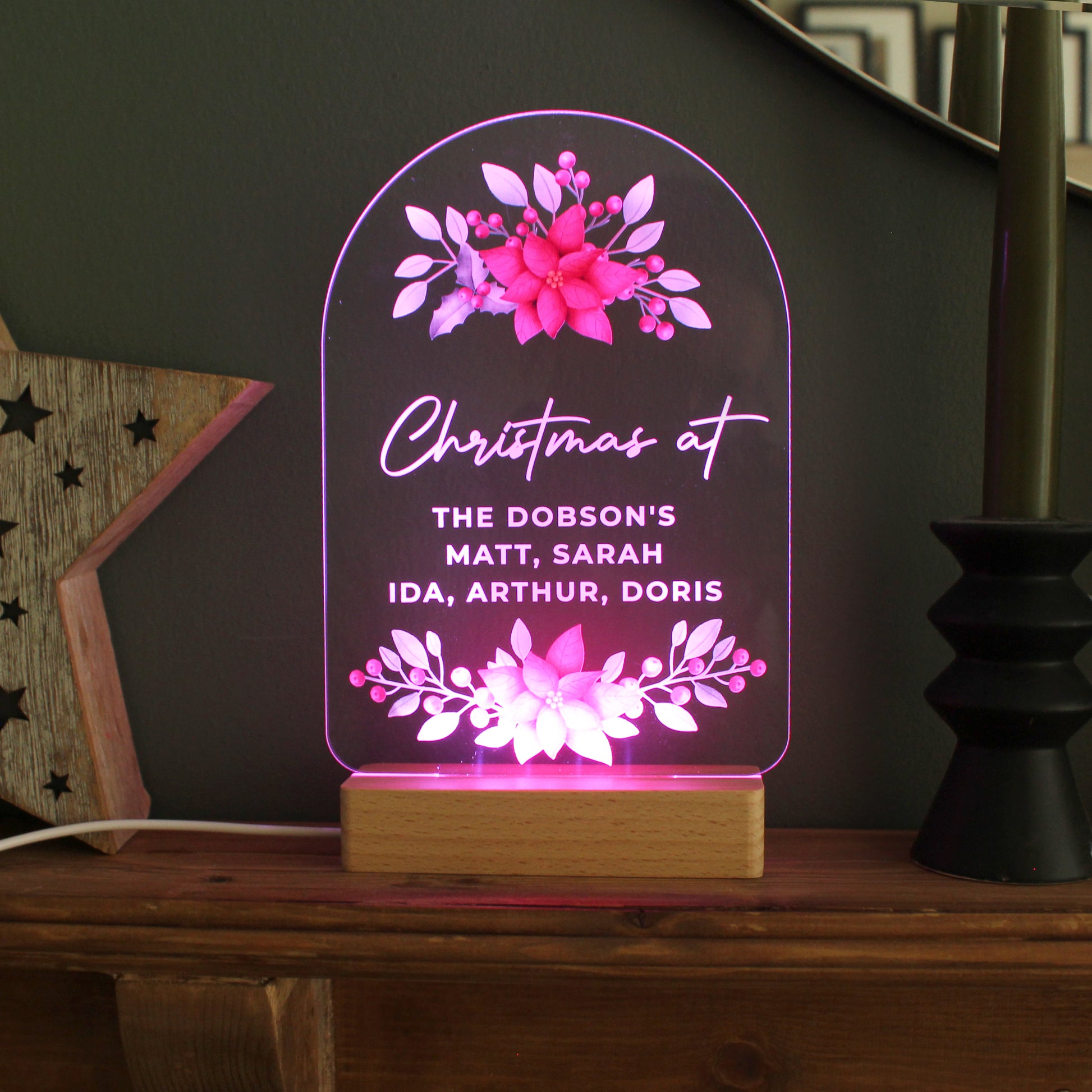 Personalised Christmas Poinsettia Wooden Based LED Light - MK&JD Gifts