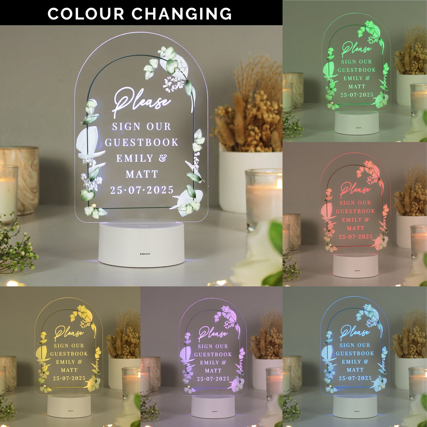 Personalised Botanical LED Colour Changing Wedding Sign - MK&JD Gifts