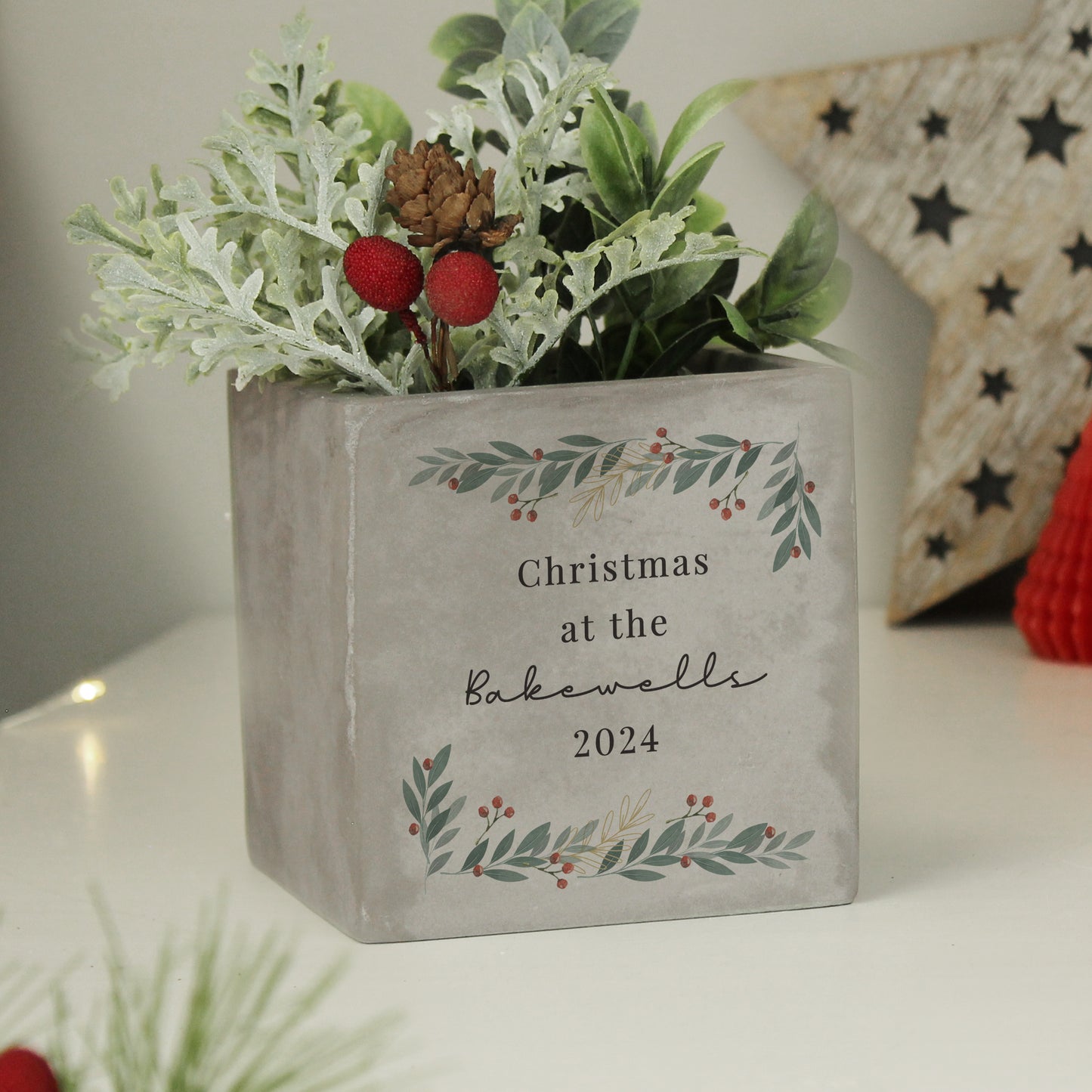 Personalised Christmas Foliage Concrete Planter - MK&JD Gifts