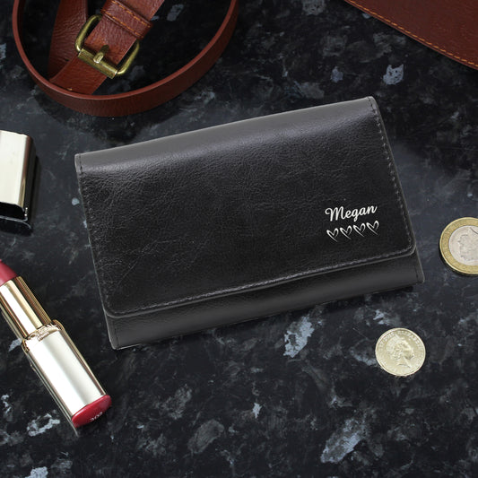 Personalised Name & Hearts Black Leather Purse - MK&JD Gifts