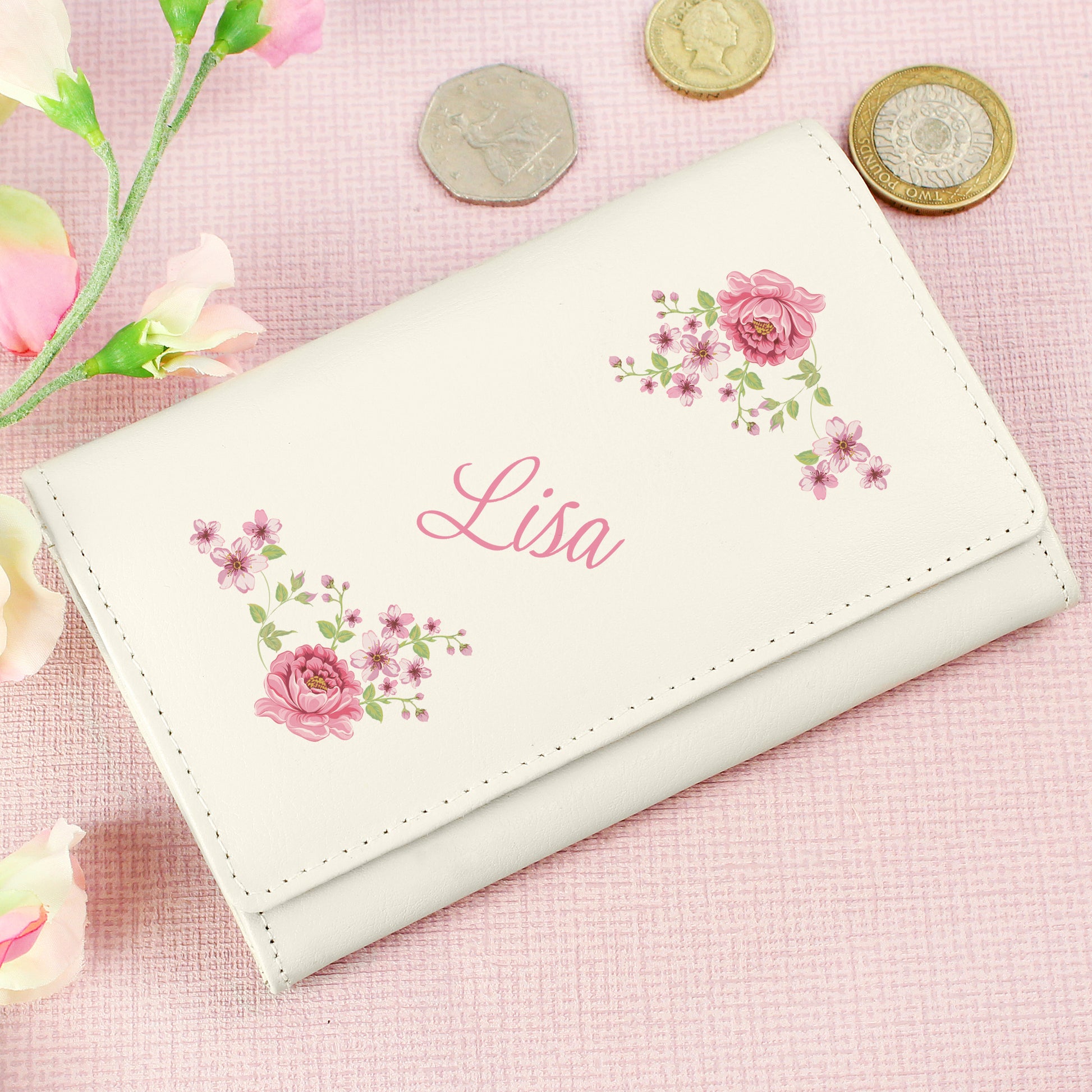 Personalised Floral Cream Leather Purse - MK&JD Gifts