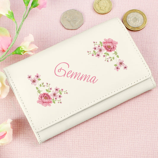 Personalised Floral Cream Leather Purse - MK&JD Gifts