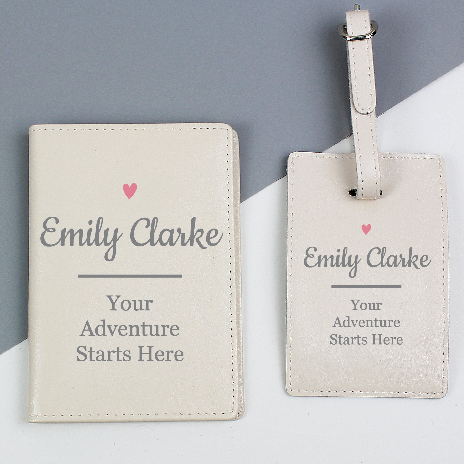 Personalised Pink Heart Cream Passport Holder & Luggage Tag Set - MK&JD Gifts