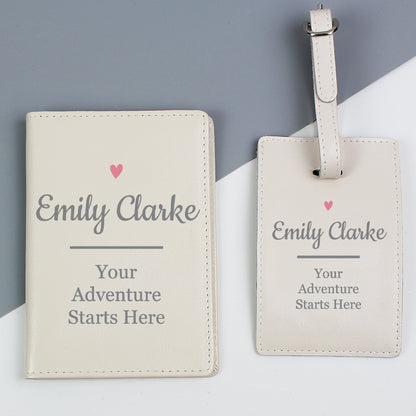 Personalised Pink Heart Cream Passport Holder & Luggage Tag Set - MK&JD Gifts