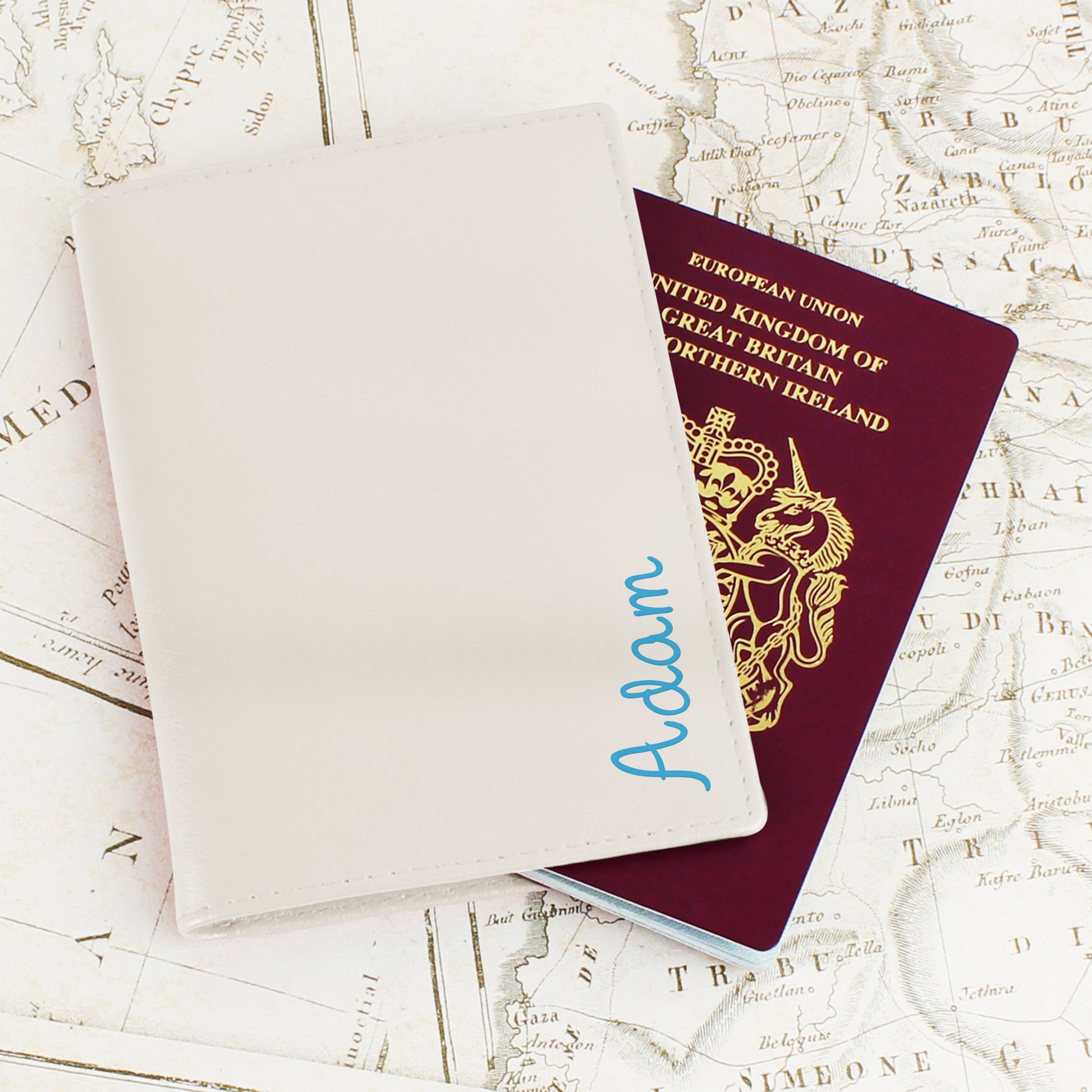 Personalised Blue Name Cream Passport Holder - MK&JD Gifts
