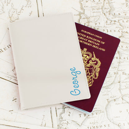 Personalised Blue Name Cream Passport Holder - MK&JD Gifts