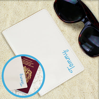 Personalised Blue Name Cream Passport Holder - MK&JD Gifts