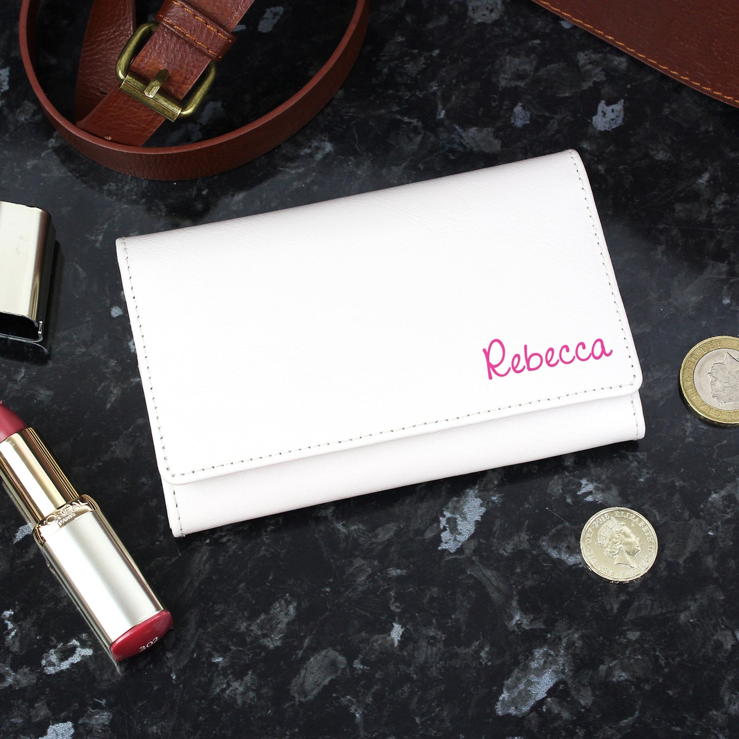 Personalised Pink Name Cream Leather Purse - MK&JD Gifts