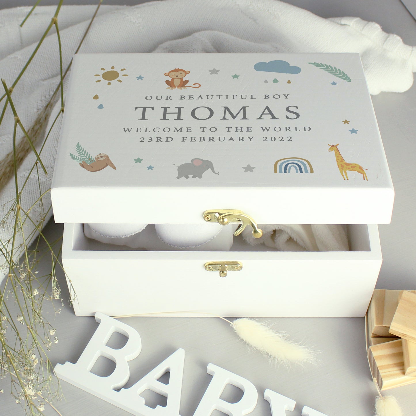 Personalised Safari Animals White Wooden Keepsake Box - MK&JD Gifts
