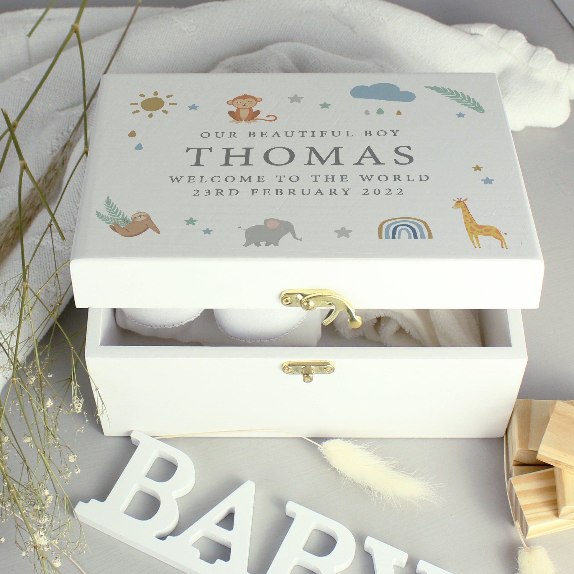 Personalised Safari Animals White Wooden Keepsake Box - MK&JD Gifts