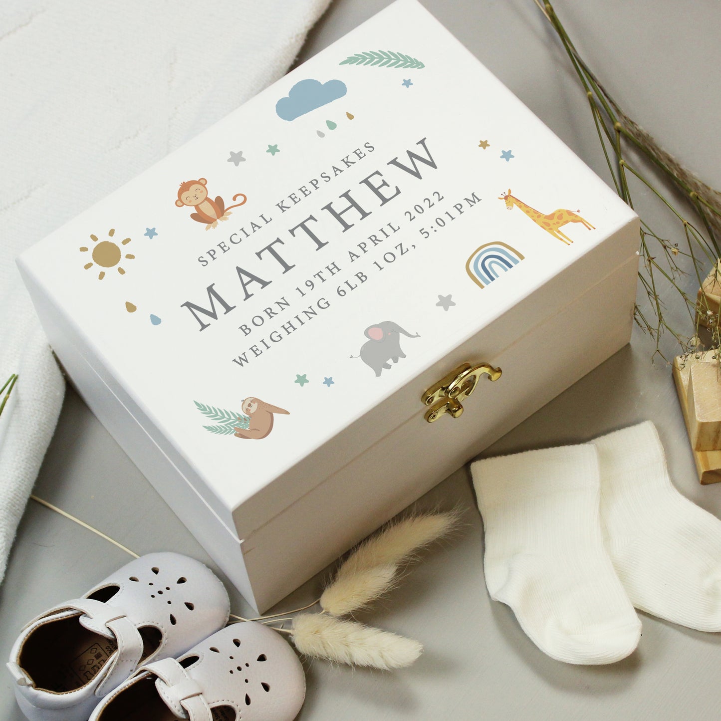 Personalised Safari Animals White Wooden Keepsake Box - MK&JD Gifts