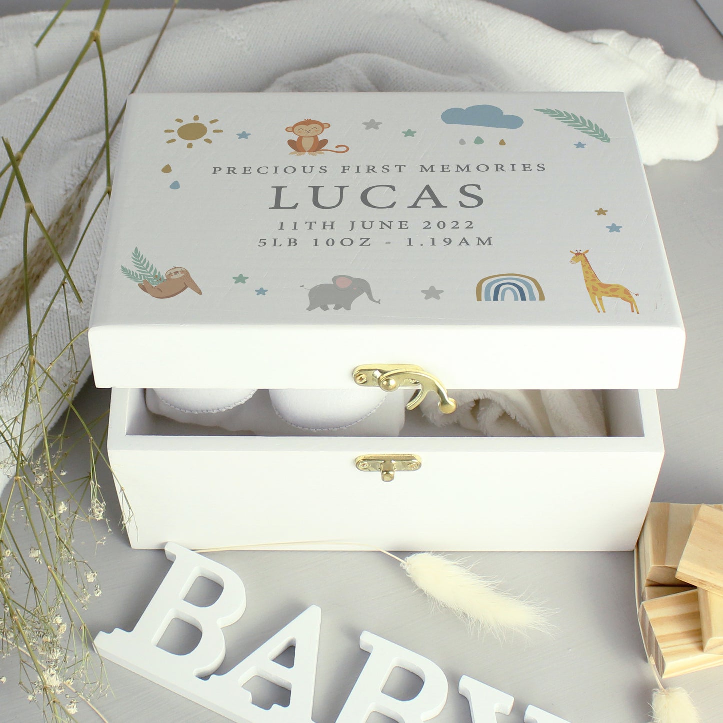 Personalised Safari Animals White Wooden Keepsake Box - MK&JD Gifts