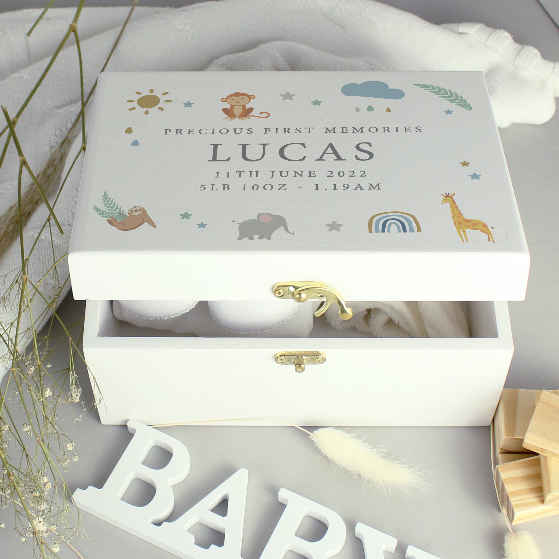 Personalised Safari Animals White Wooden Keepsake Box - MK&JD Gifts