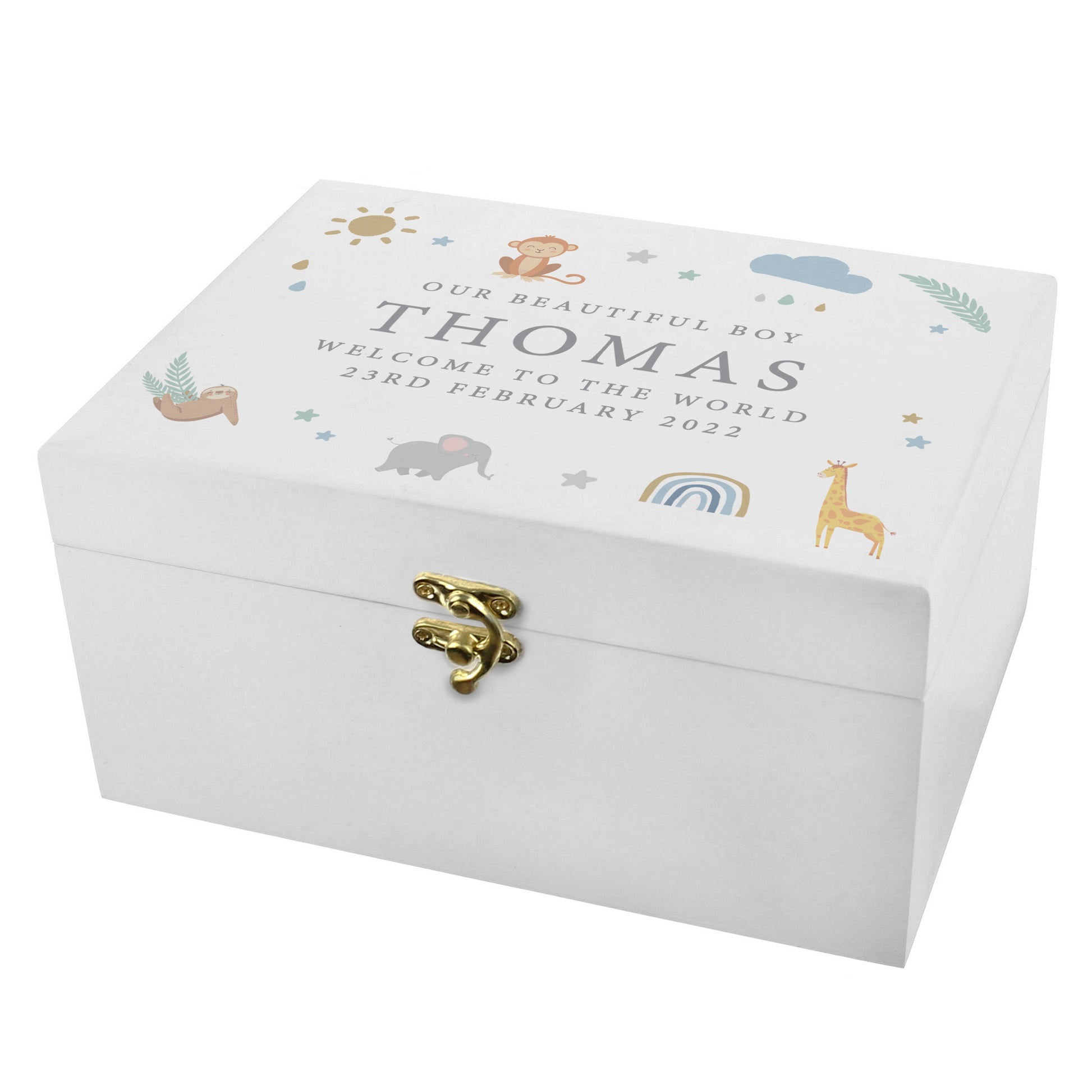 Personalised Safari Animals White Wooden Keepsake Box - MK&JD Gifts