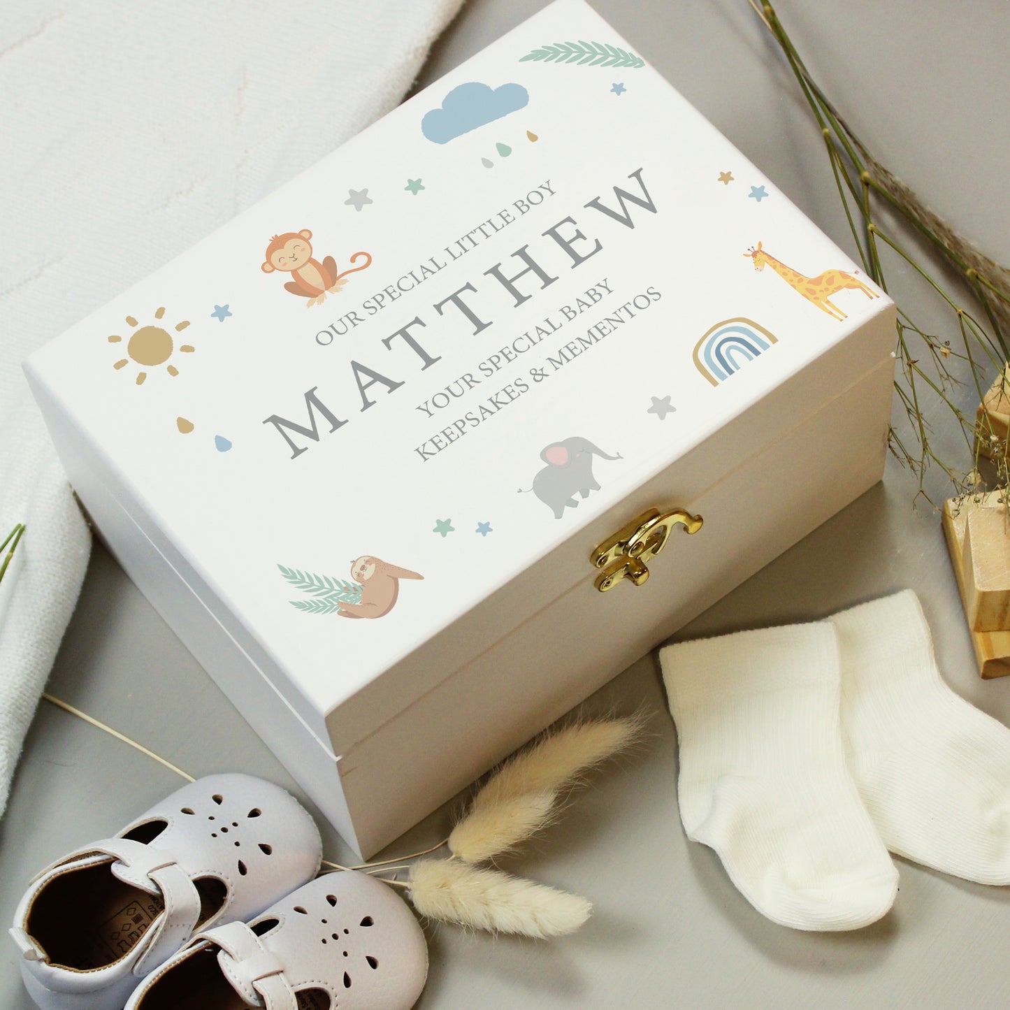 Personalised Safari Animals White Wooden Keepsake Box - MK&JD Gifts