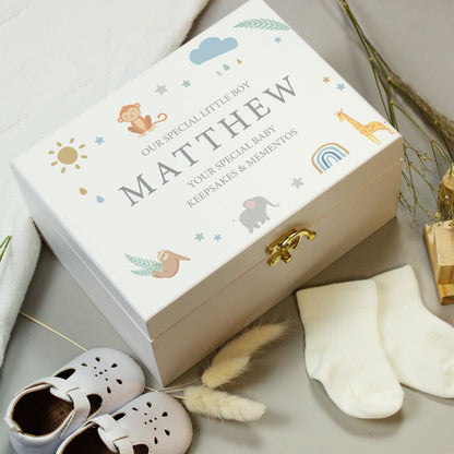 Personalised Safari Animals White Wooden Keepsake Box - MK&JD Gifts
