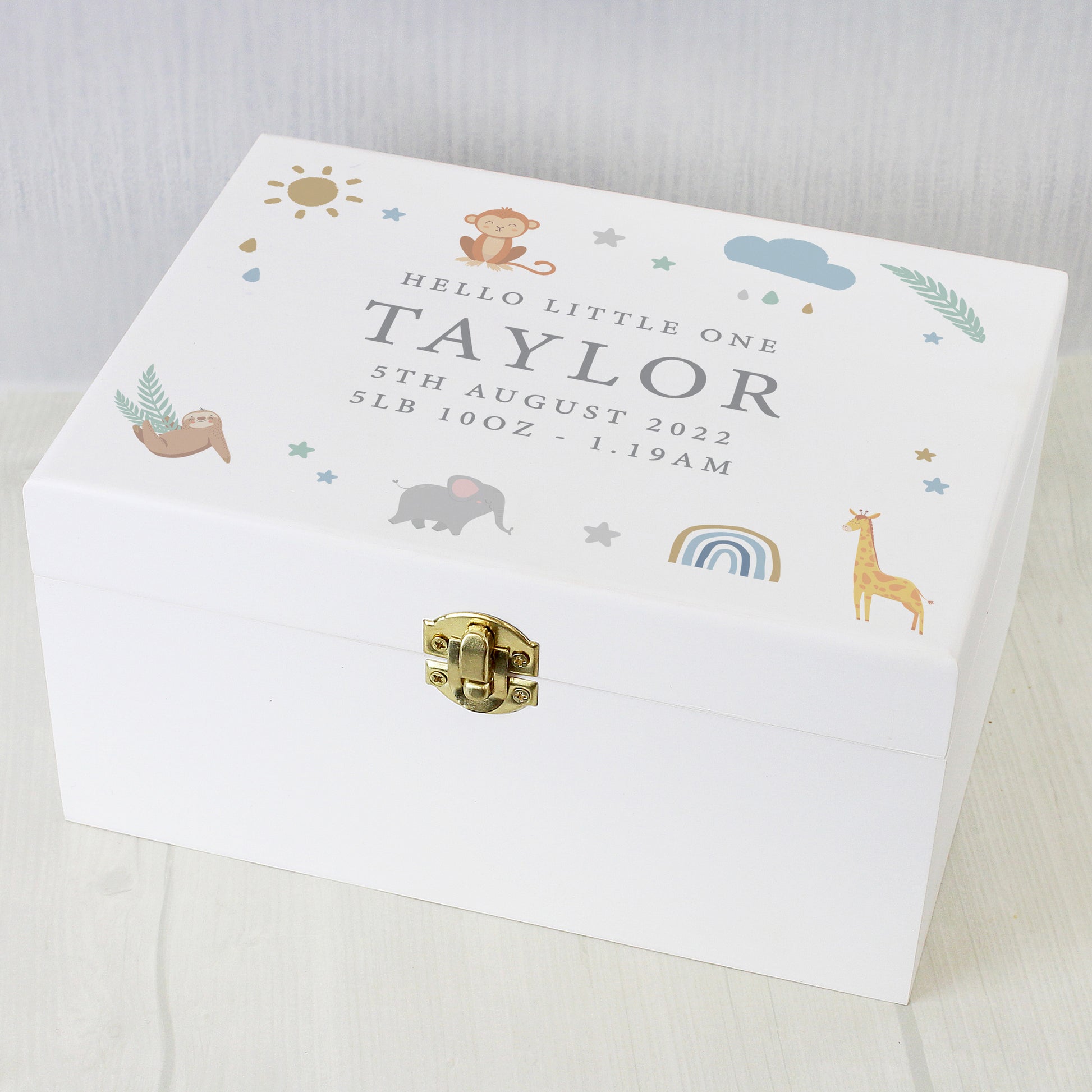 Personalised Safari Animals White Wooden Keepsake Box - MK&JD Gifts