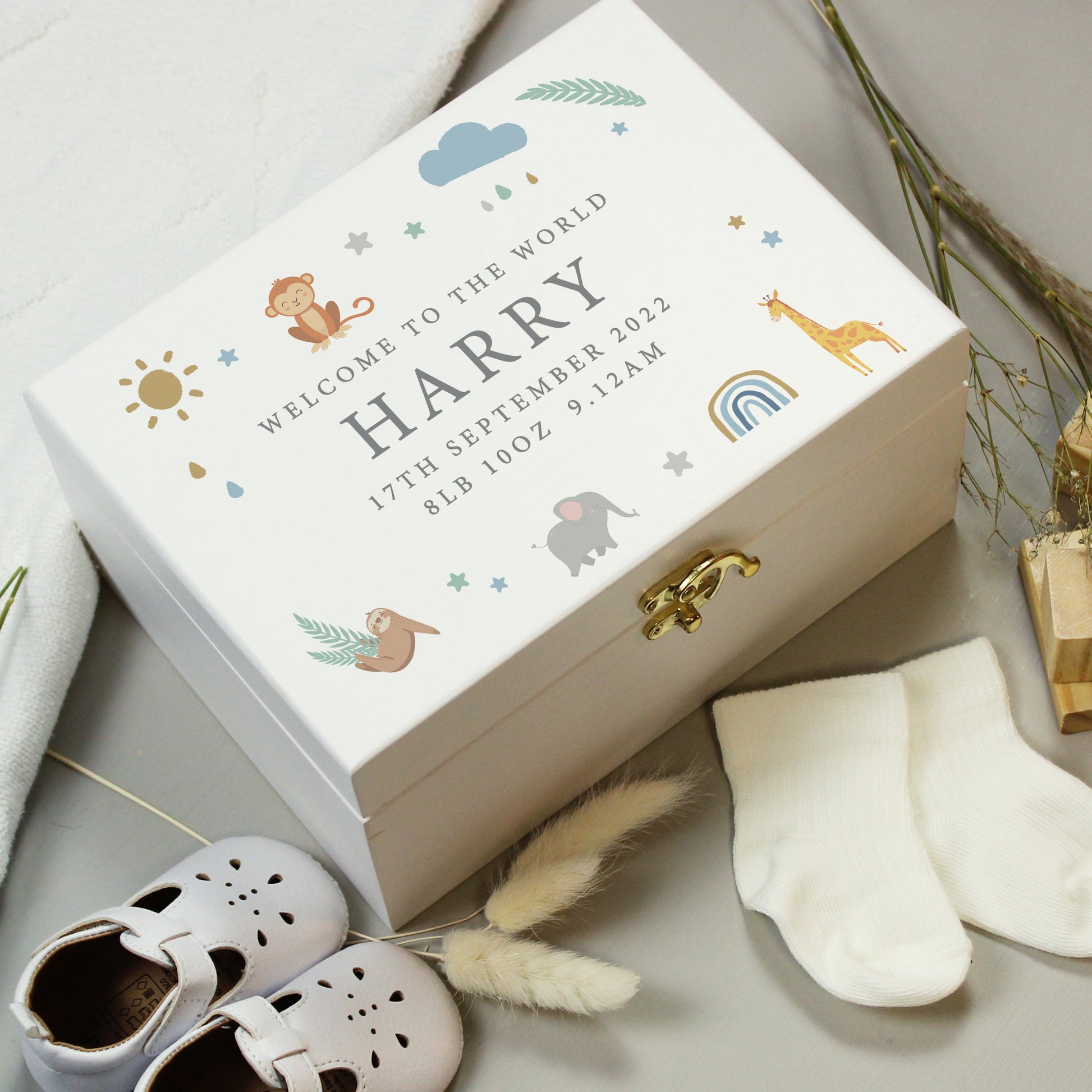 Personalised Safari Animals White Wooden Keepsake Box - MK&JD Gifts