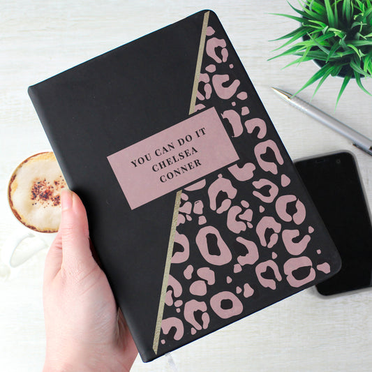 Personalised Leopard Print Black Hardback Notebook - MK&JD Gifts