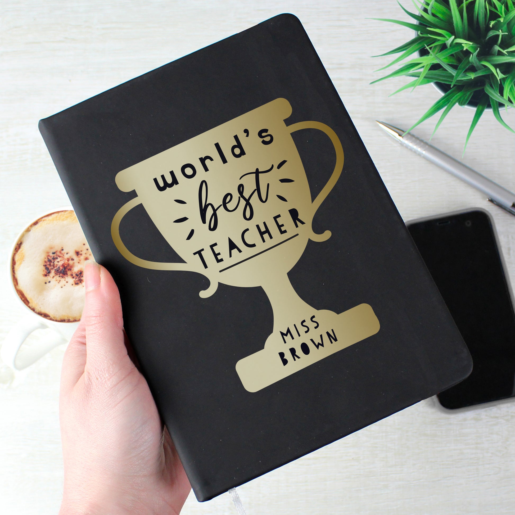 Personalised Worlds Best Teacher Trophy Black Hardback Notebook - MK&JD Gifts
