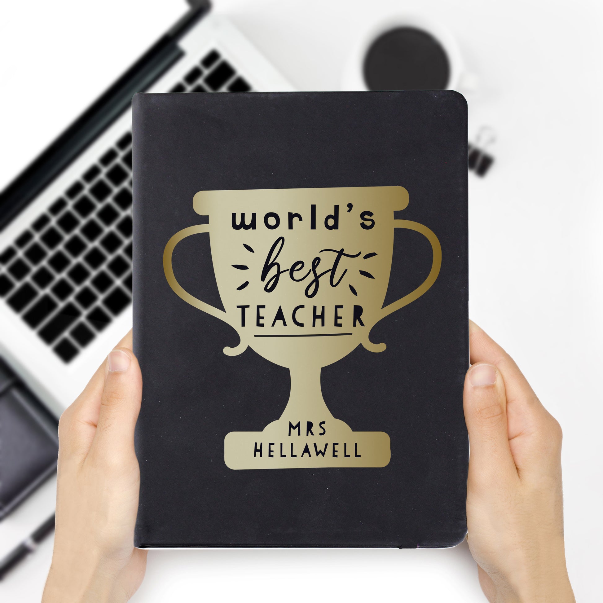 Personalised Worlds Best Teacher Trophy Black Hardback Notebook - MK&JD Gifts