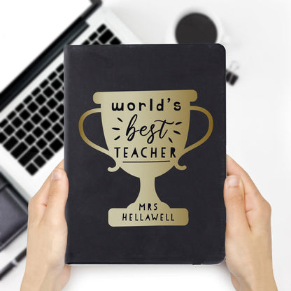 Personalised Worlds Best Teacher Trophy Black Hardback Notebook - MK&JD Gifts
