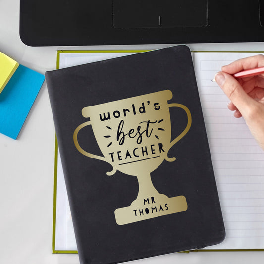 Personalised Worlds Best Teacher Trophy Black Hardback Notebook - MK&JD Gifts