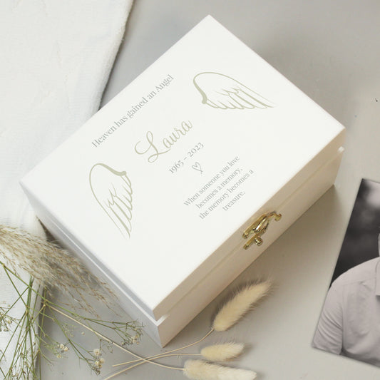 Personalised Angel Wings Memorial White Wooden Box - MK&JD Gifts