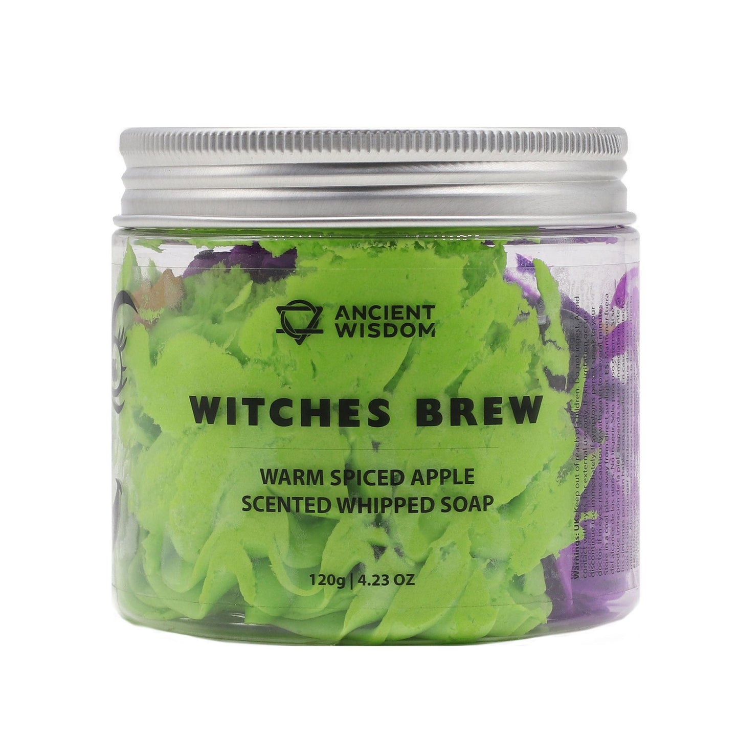 Jar of 'Witches Brew' scented whipped soap with green and purple colors on a white background.