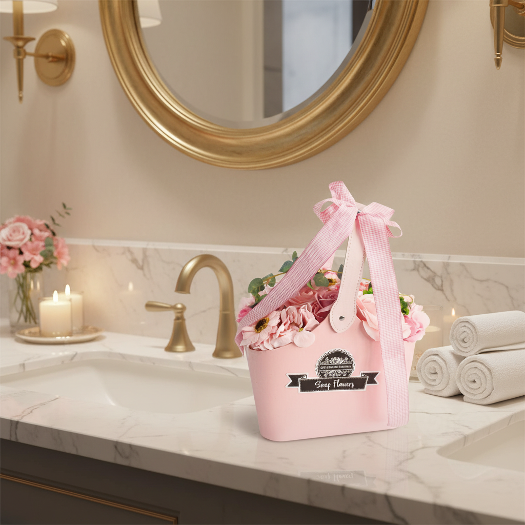 Basket Soap Flower Bouquet - Pink