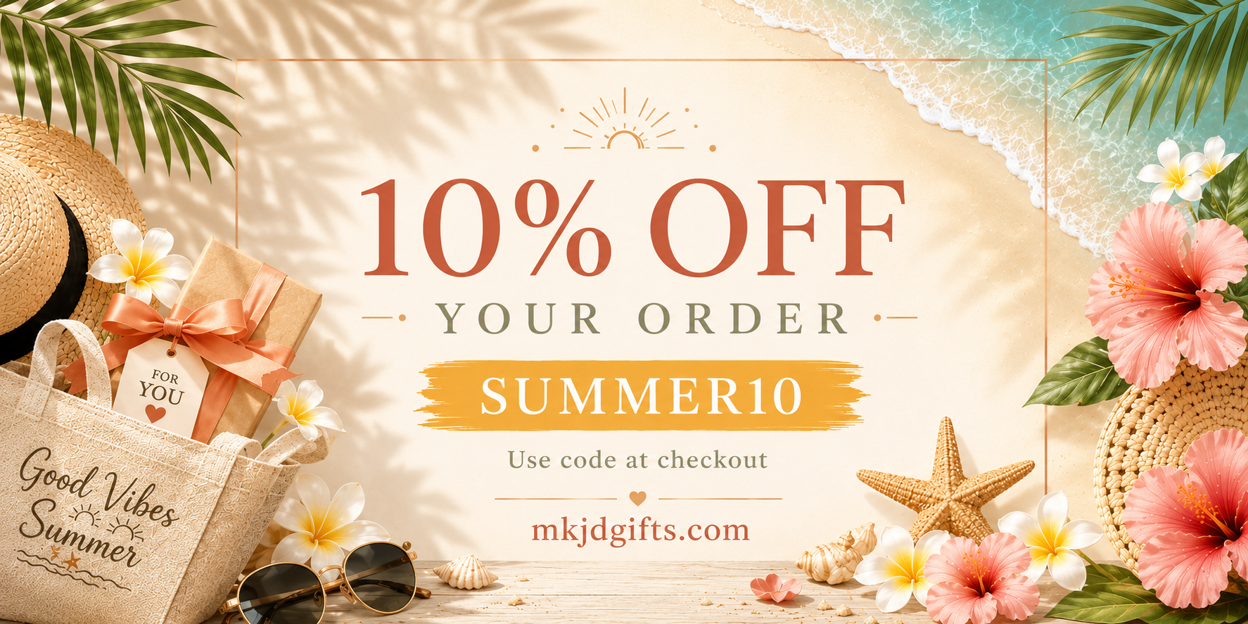 Promotional summer sale graphic with large text reading '10% OFF YOUR ORDER' and 'SUMMER10', plus the website mkjdgifts.com.